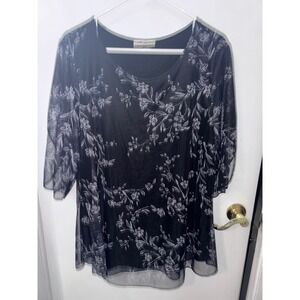 Sese Code Women Black Floral Mesh Layered Tunic Top 3/4 Bell Sleeve XL